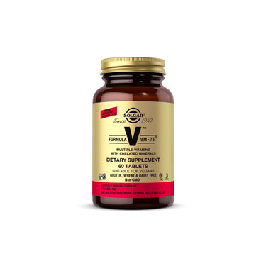 Solgar Formula VM-75 60 Tablets on a white background with organic cotton bedding.